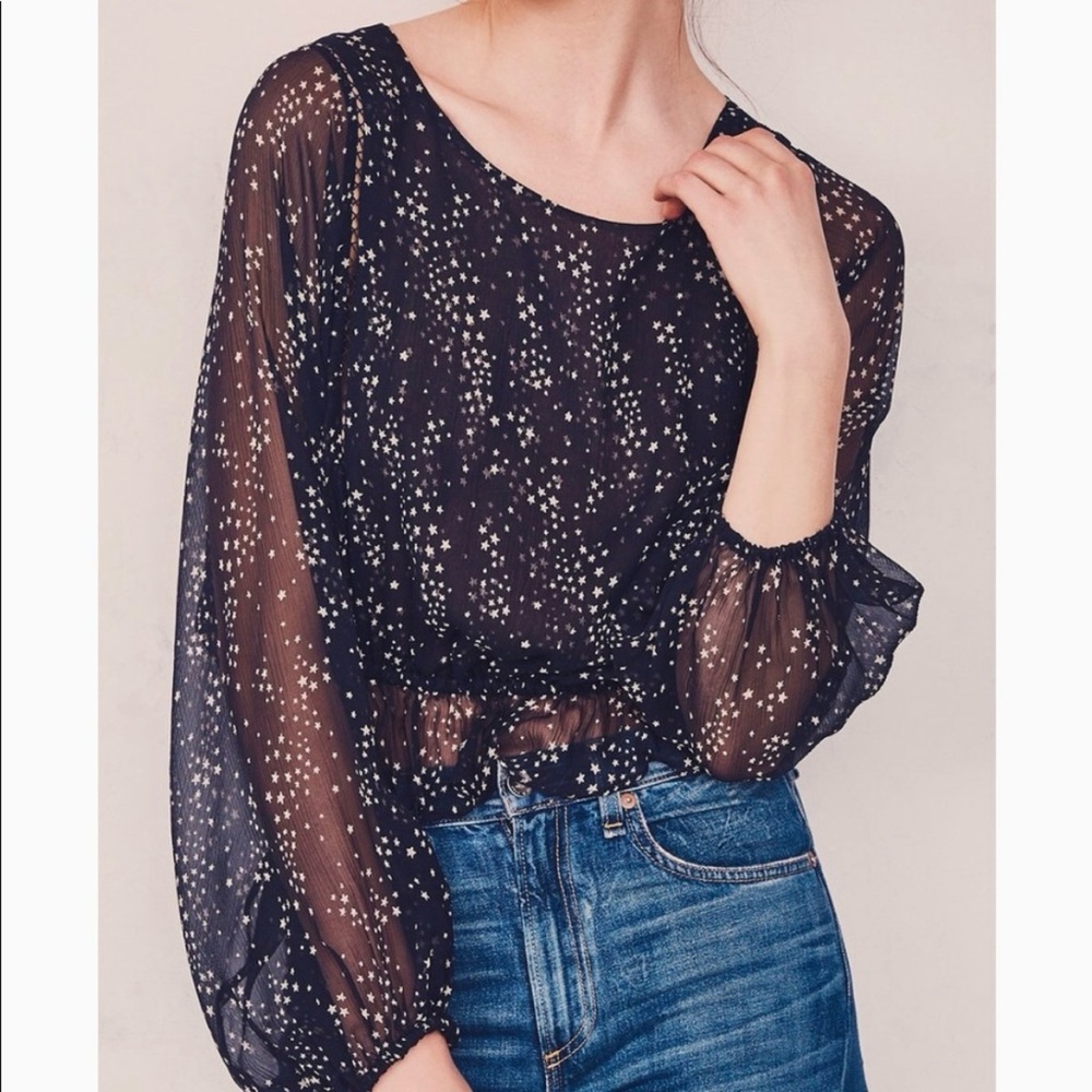 LoveShackFancy Nellie Silk Top Sheer Star Print Dolman Blouse Celestial XS Crop